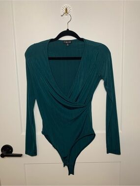 Timing Teal Ribbed Wrap-Front Long-Sleeve One-Piece